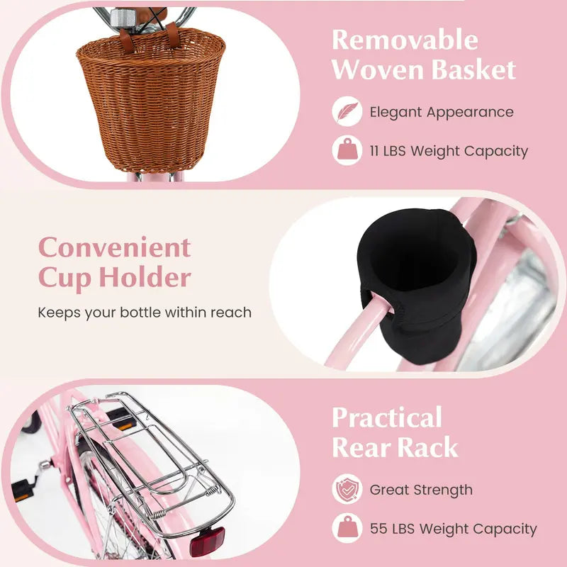 Women's 24/26-Inch Beach Cruiser â€?Cup Holder, Reflectors, Stylish Basket Design