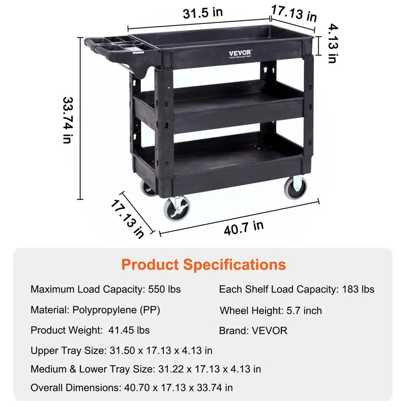 VEVOR Heavy-Duty 3-Tier Rolling Utility Cart â€?550 lb Capacity, Plastic Frame