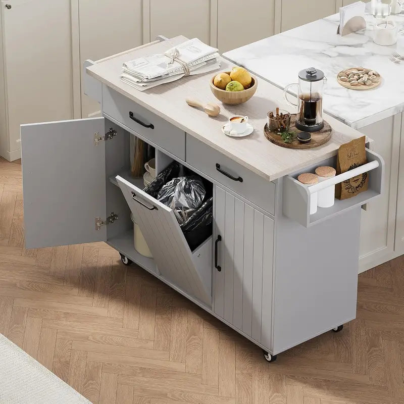 White Rotating Kitchen Island Cart â€?Foldable-Leg Trolley with Trash Bin, Towel Bar, Drawers, and Internal Shelves