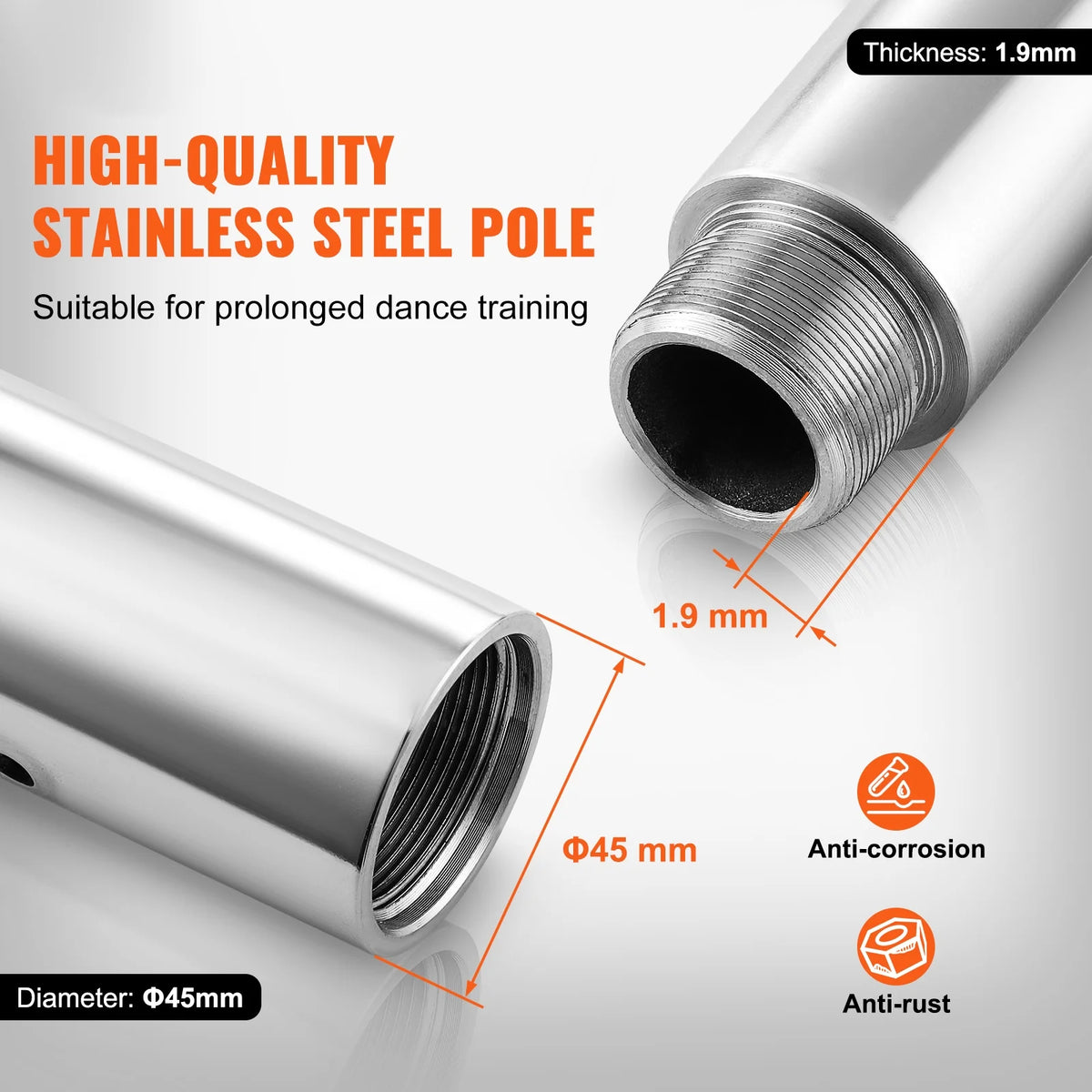 KFFKFF Expert Dance Pole, Rotating and Stationary Dance Pole Set, Detachable Portable Pole, 45mm Robust Stainless Steel Pole, Fitness Pole with Adjustable Height, Suitable for Workout Home, Silver