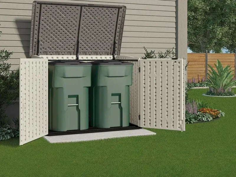 Suncast BMS4700 UV-Resistant Resin Storage Shed â€?Off-White/Gray Double-Door Structure (70.5″W x 44.25″D x 52″H)