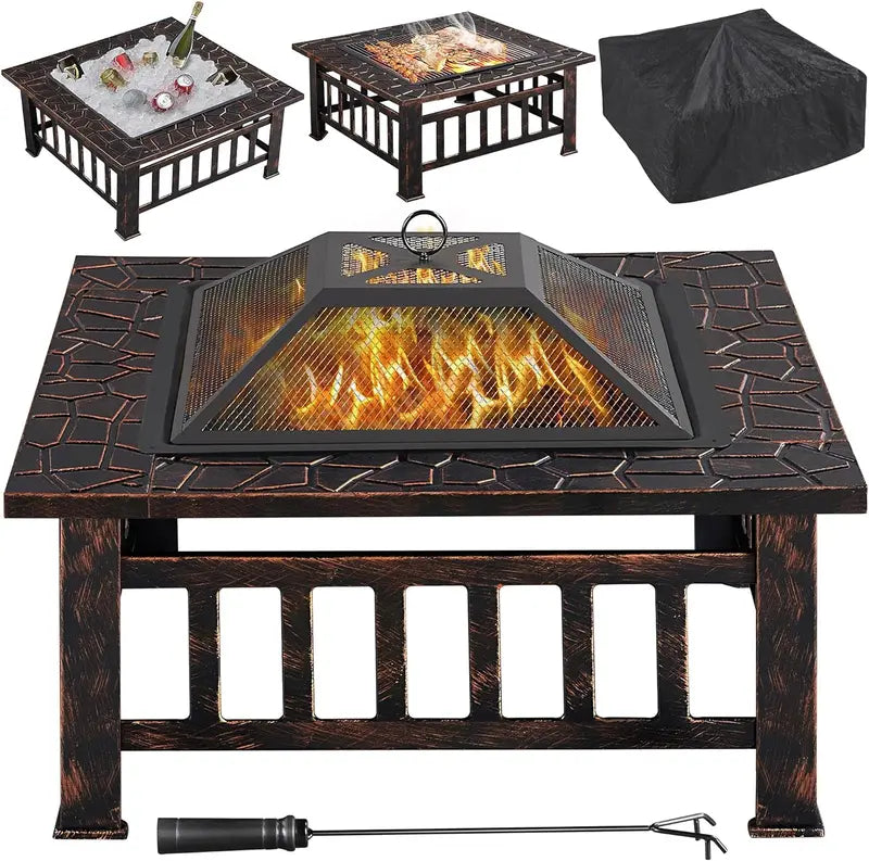 Yaheetech 32-Inch Square Fire Pit Table â€?Multifunctional Outdoor Heating Unit for Patios, Gardens, Camping & Picnics
