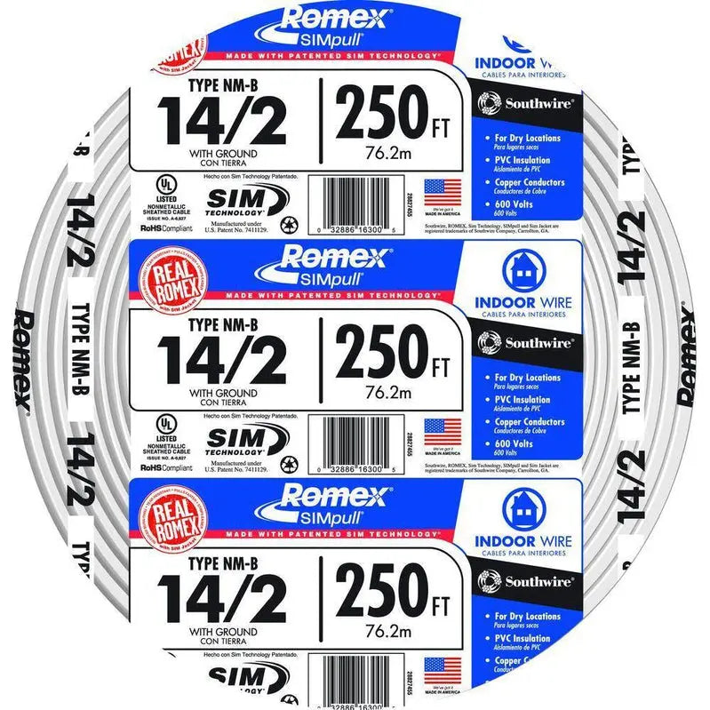 Southwire 250-Foot Roll of 14/2 Solid Romex NM-B Wire with SIMpull Technology