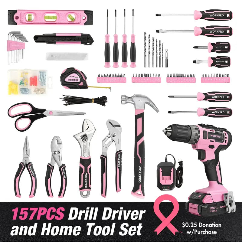 WORKPRO 157-Piece Household Tool Kit with 20V Cordless Drill Driver â€?Pink Ribbon Edition