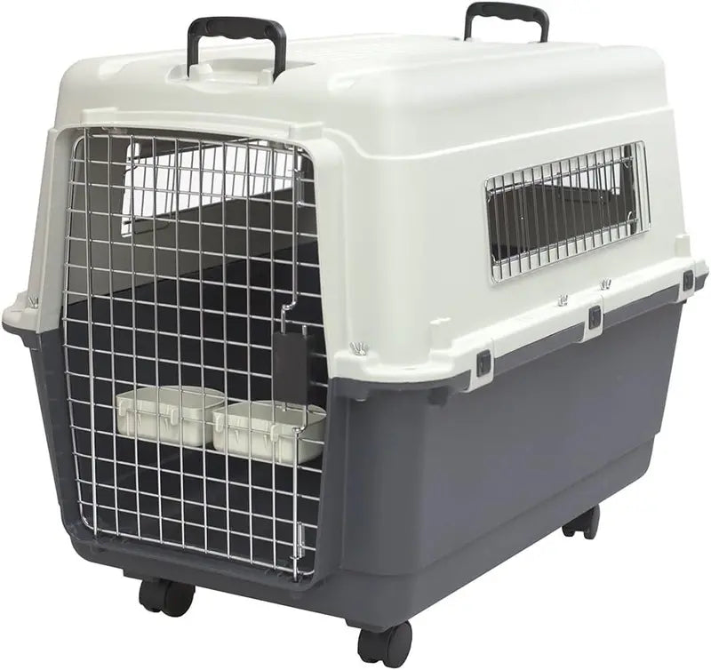 SportPet Designs Rolling Travel Dog Crate â€?Airline-Approved Plastic Kennel with Wire Door, XXX-Large Size, Gray