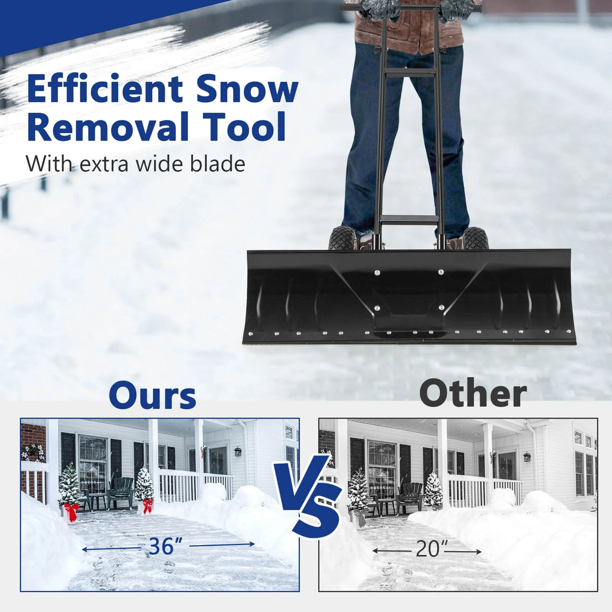 Costway 36" Snow Shovel Pusher with 10" Inflatable Wheels Adjustable Handle & Head Black