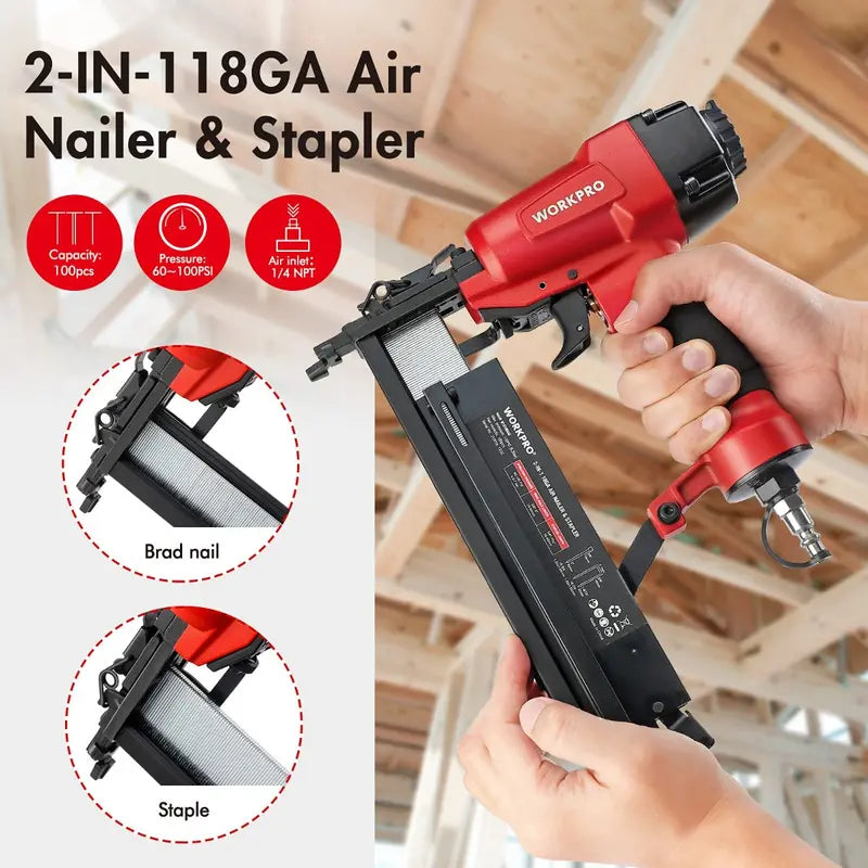 WORKPRO Dual-Function Pneumatic Brad Nailer â€?Includes 400 Brads & 300 Staples