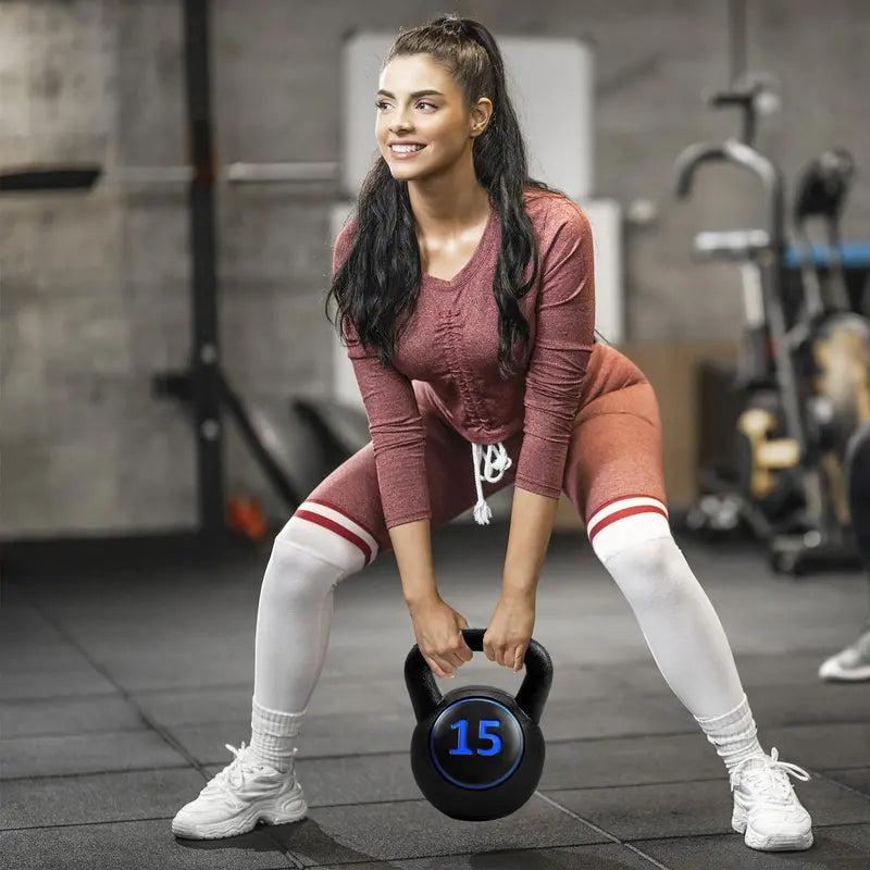 Three-Piece Kettlebell Set â€?HDPE-Coated Weights (5, 10, 15 lbs) for Home Fitness