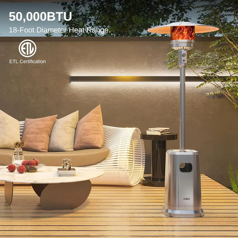 Stainless Steel Patio Heater with Table Design, 50,000 BTU, Safety System, Wheels, for Home & Commercial Use