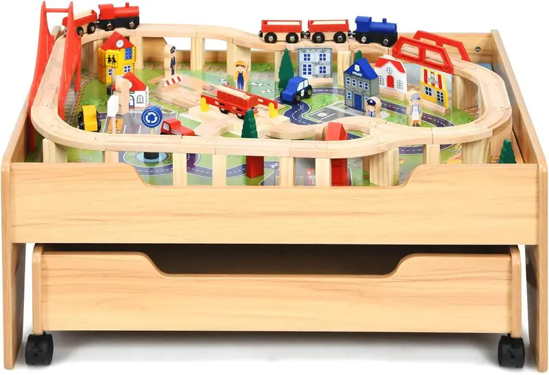 Wooden Dual-Activity Kids' Table with Flip-Up Top & Built-In Storage â€?100-Piece Train Set Featuring Tracks, Cars, and Accessories for Ages 3+