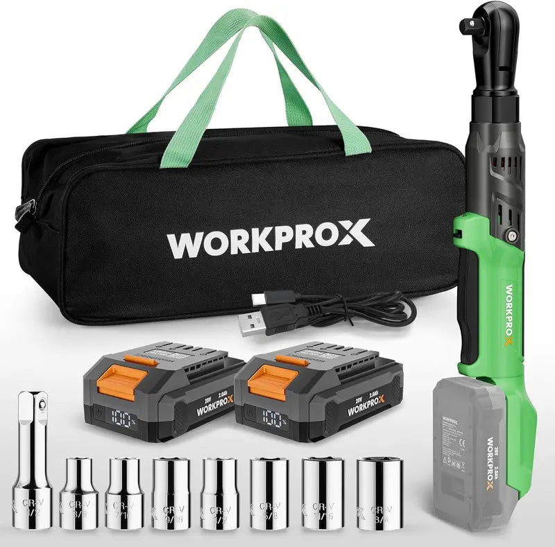 WORKPROX 20V Dual-Socket Cordless Ratchet Wrench Kit â€?1/2â€?& 3/8â€?Drive, 74 Ft-Lbs Torque, Includes Two Batteries