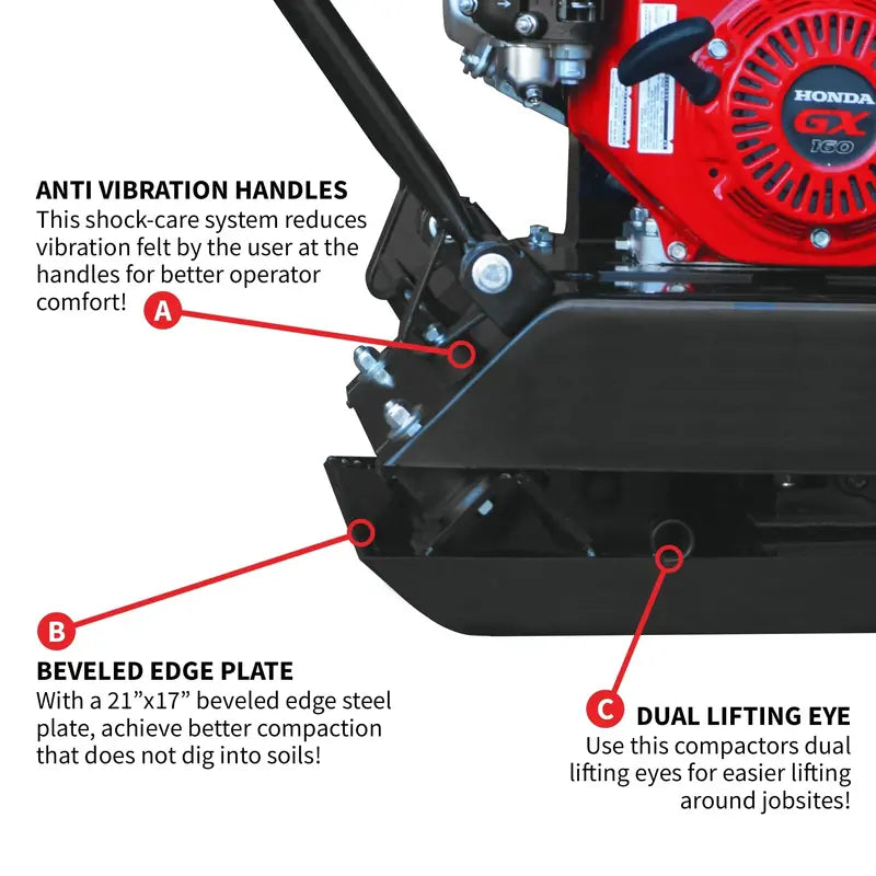 Tomahawk Power Gas Plate Compactor â€?5.5 HP, 3000 lbs/ft Force, 63cc Engine, 17×13â€?Plate