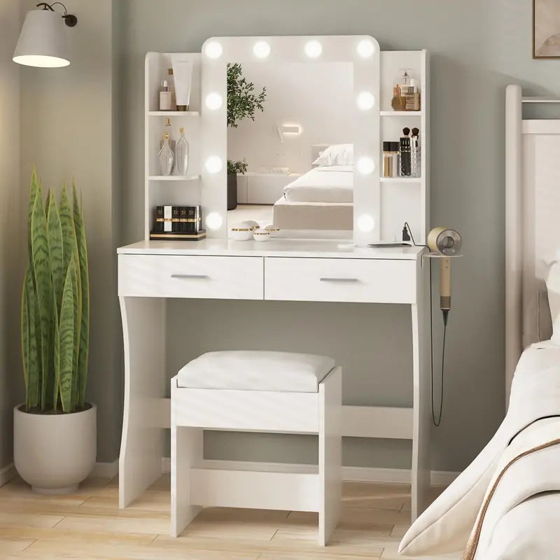 Vabches Power-Enabled Vanity Desk Set â€?Lighted Mirror, Built-in Surge Protector, and Dressing Table Combo