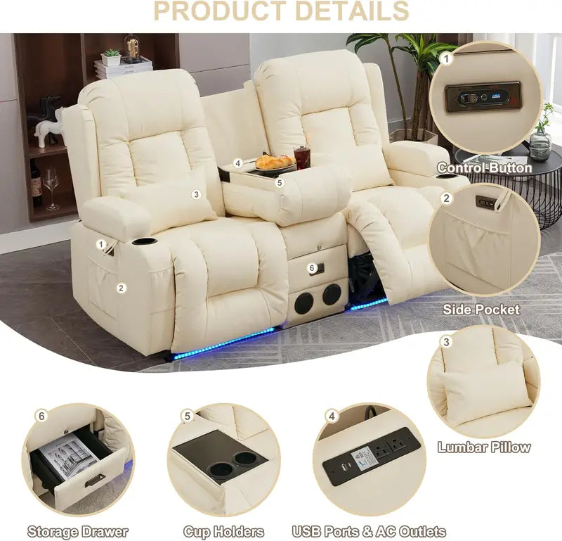 TUNYI Electric Loveseat Recliner â€?Massage, Heat, USB Ports, LED Lighting & Storage