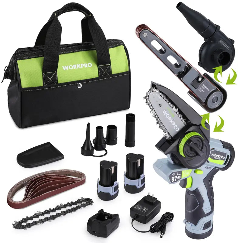 WORKPRO 3-in-1 Cordless Power Tool Kit â€?Detail Belt Sander, Mini Chainsaw & Electric Blower