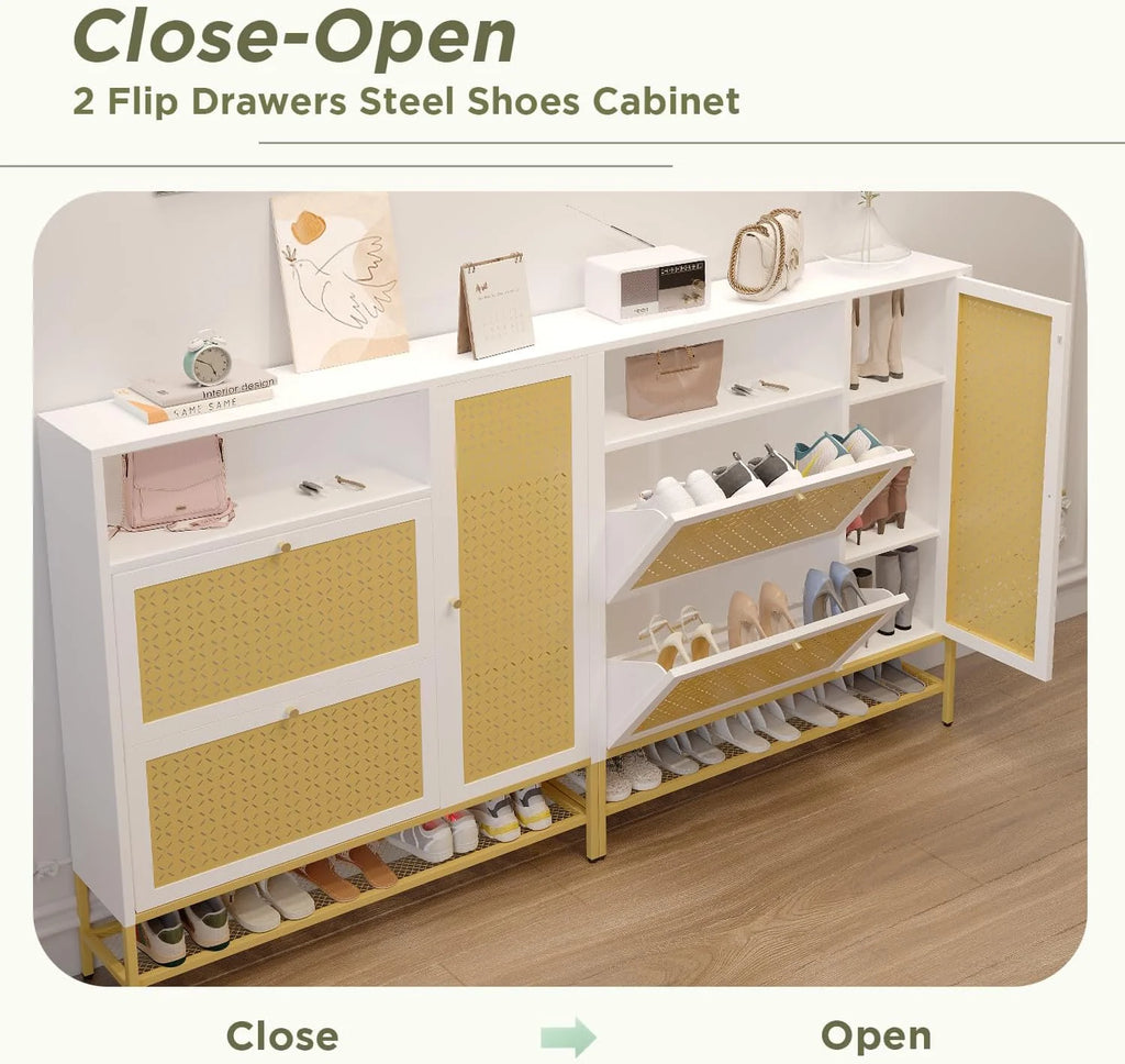 AECOJOY Shoe Storage Cabinet with 2 Flip Drawers - Hidden Shoe Organizer for Entryway, Metal Shoe Rack with Door & Open Storage