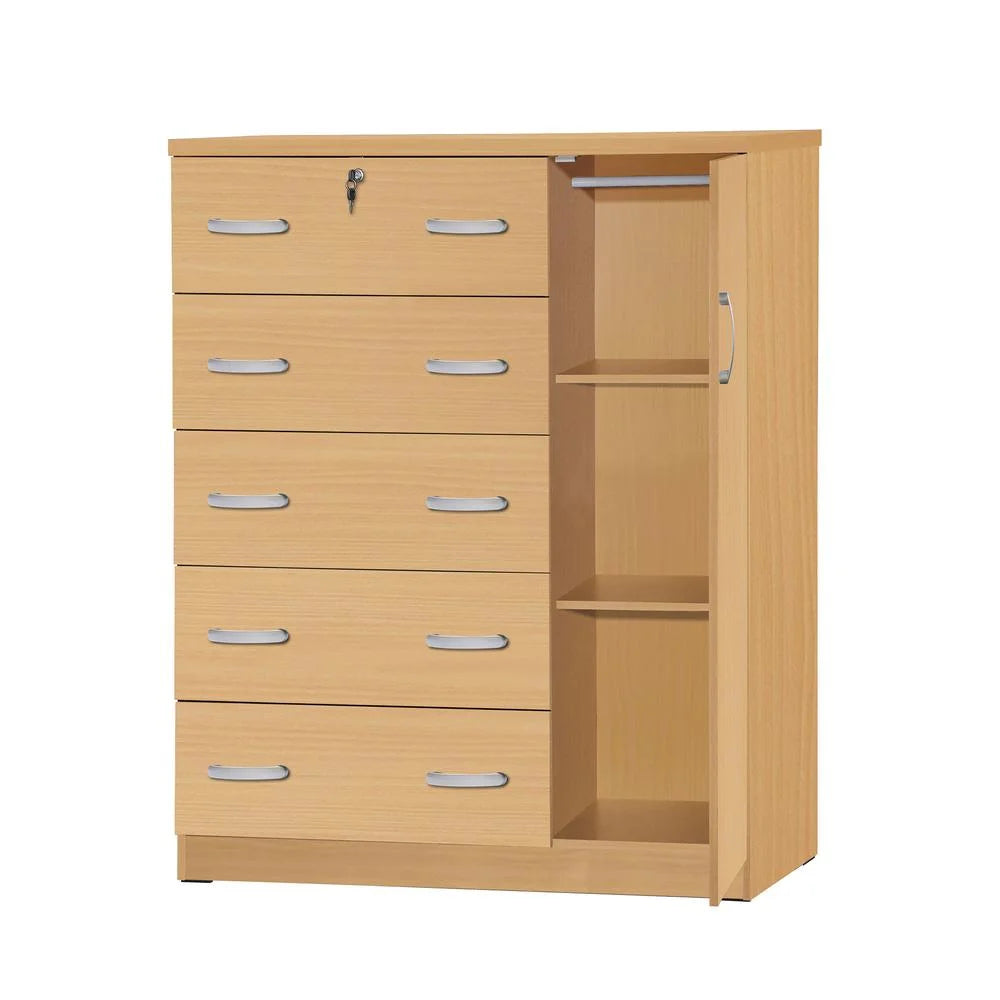 Better Home Products JCF Sofie 5 Drawer Wooden Tall Chest Wardrobe in Mahogany