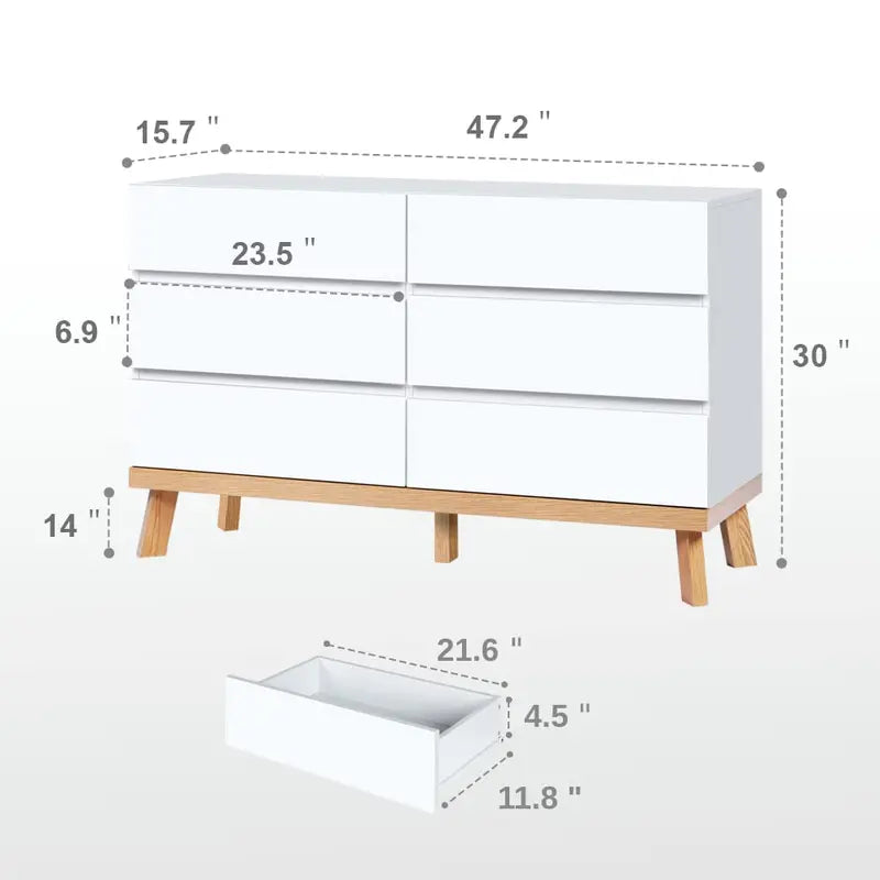 YIGOBUY White Dresser for Bedroom 6 Drawer Double Dresser Chest of Drawers Large Storage Cabinet White Dresser for Bedroom, Living Room, Hallway (White)