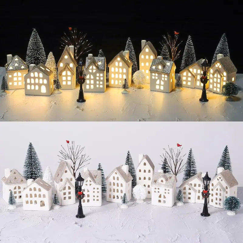 Spdmhyo 29-Piece Ceramic Christmas Village Set with LED Lights, Porcelain Houses, Trees & Lamps â€?White