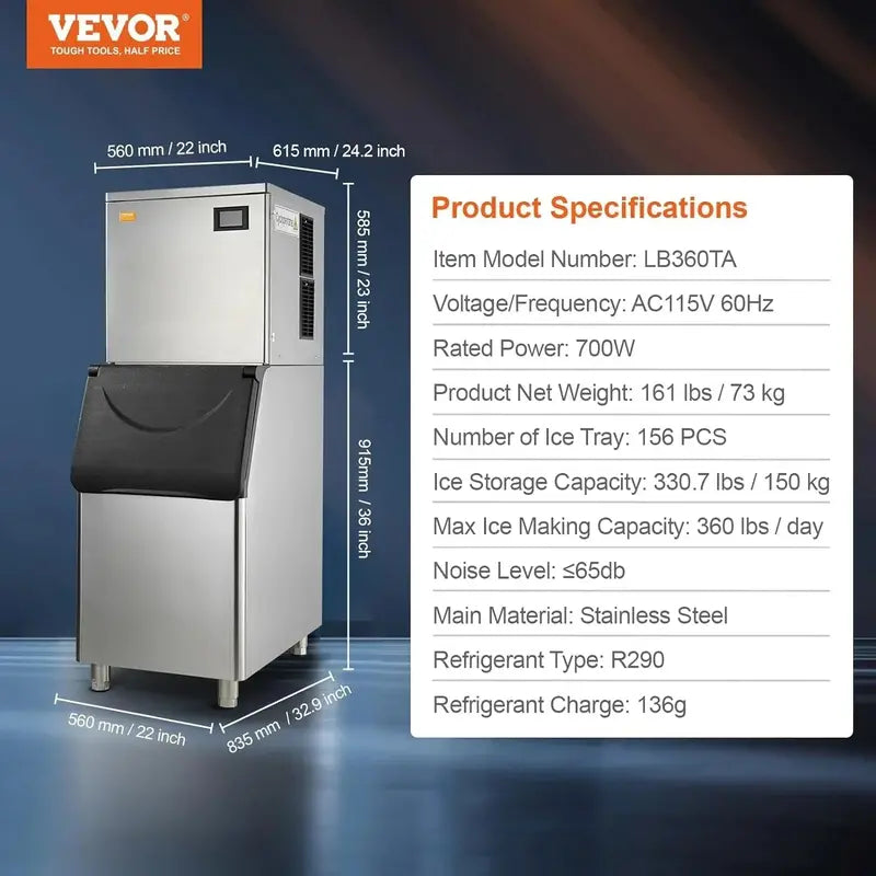VEVOR Commercial Ice Maker â€?360 lbs/24H Output with 330.7 lbs Insulated Storage Bin