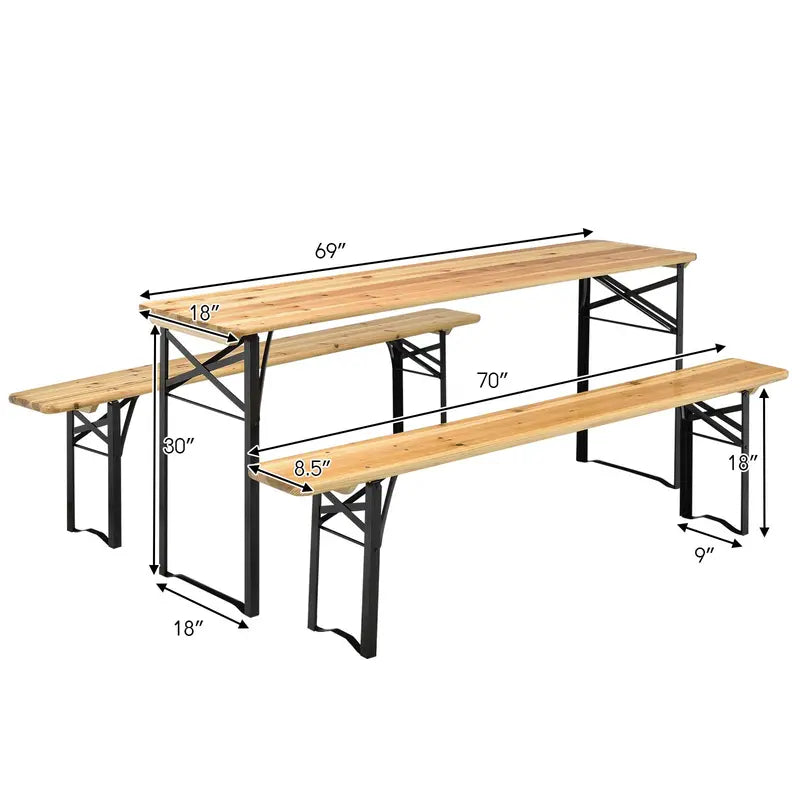 Three-Piece Folding Picnic Table and Bench Set with Wooden Top (70â€?Total)