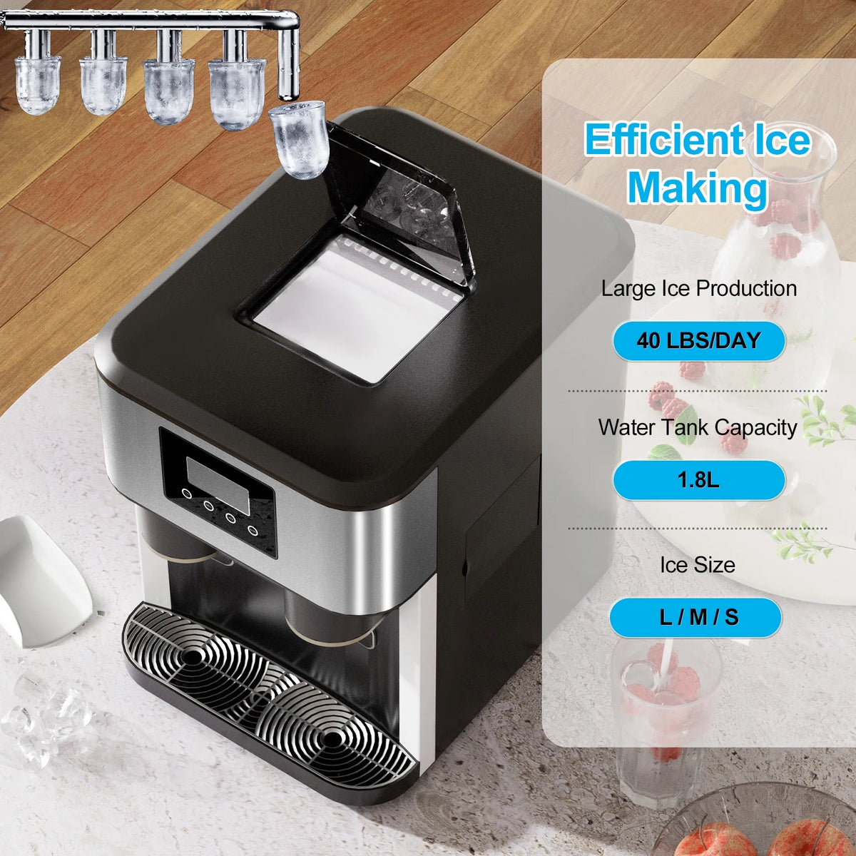 TABU 3 in 1 Ice Maker with Water Dispenser, 40 lb/24H, Ice Machine with Ice Crushing, Self Cleaning, Black