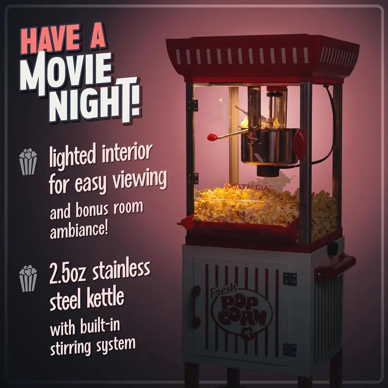 Vintage-Style Popcorn Cart â€?Professional 2.5-Oz Kettle Machine Makes Up to 10 Cups, Theater-Inspired Red & White Design