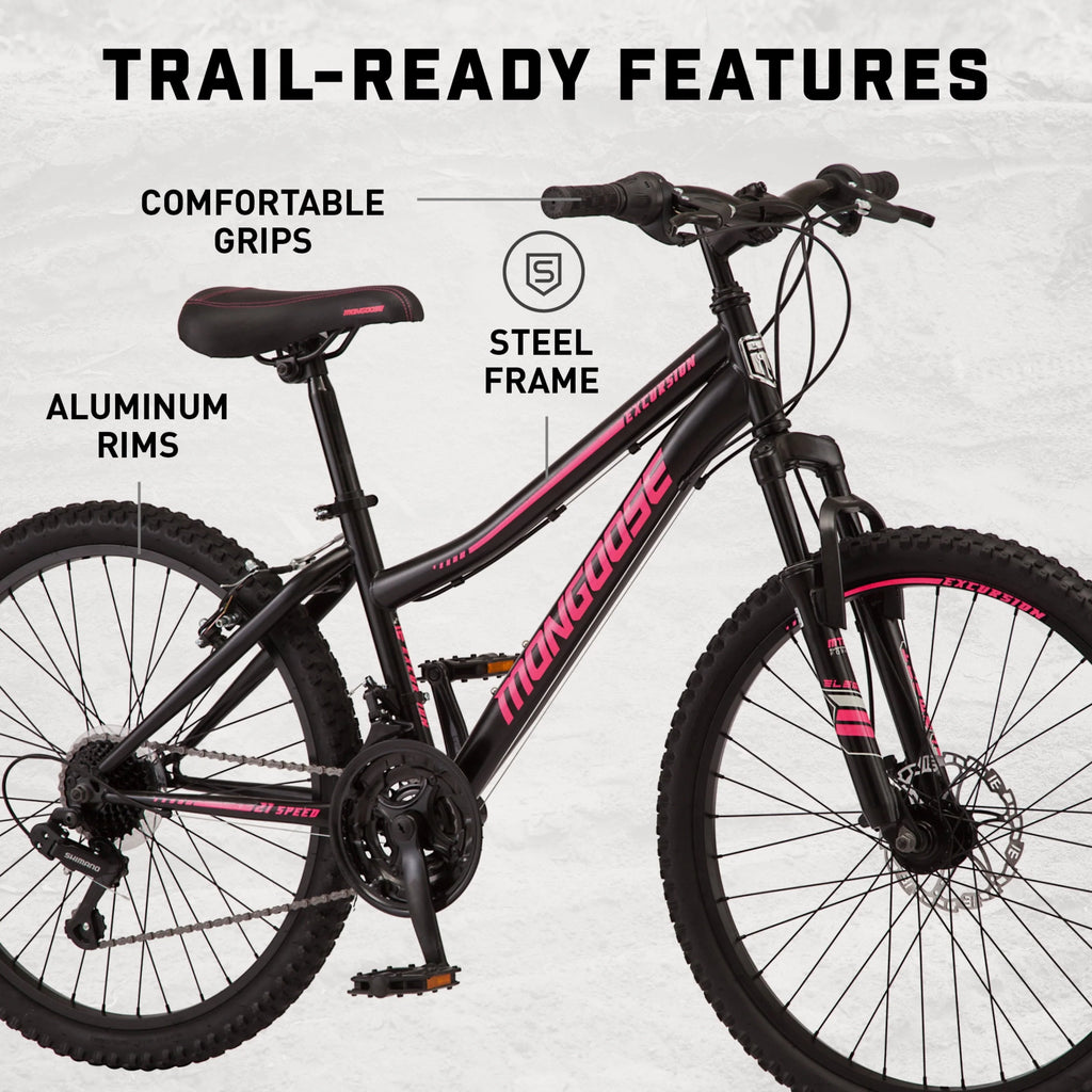 Mongoose 24 - In. Excursion Unisex Mountain Bike, Black, 21 Speeds