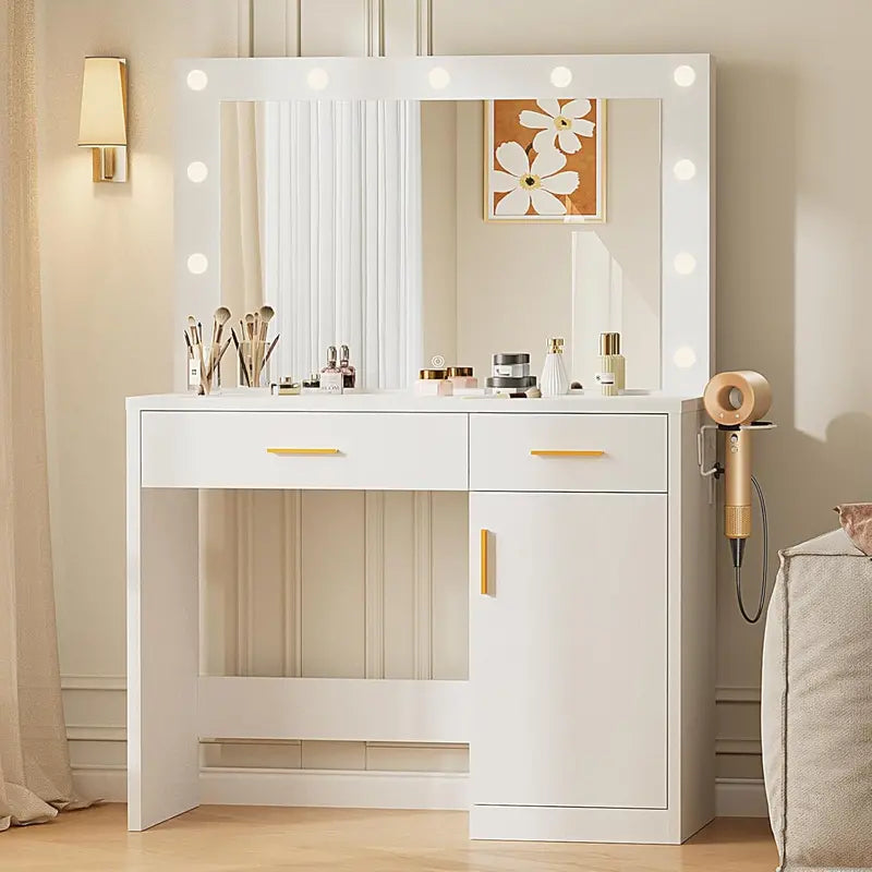 Sweetcrispy 35.4-Inch Vanity Desk with Full-Size LED Mirror and Touch-Control Lighting