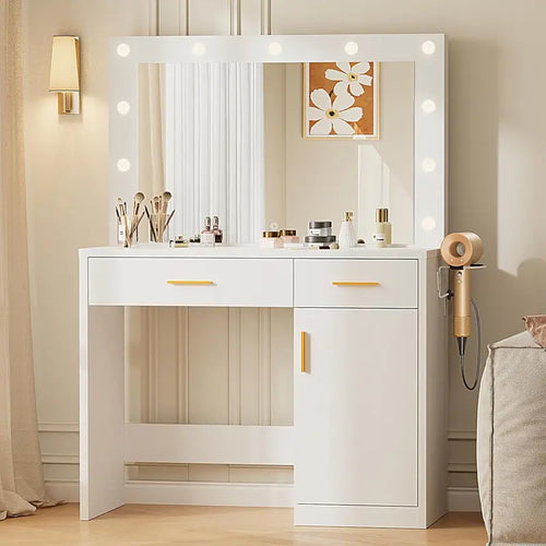 Sweetcrispy 35.4-Inch Vanity Desk with Full-Size LED Mirror and Touch-Control Lighting