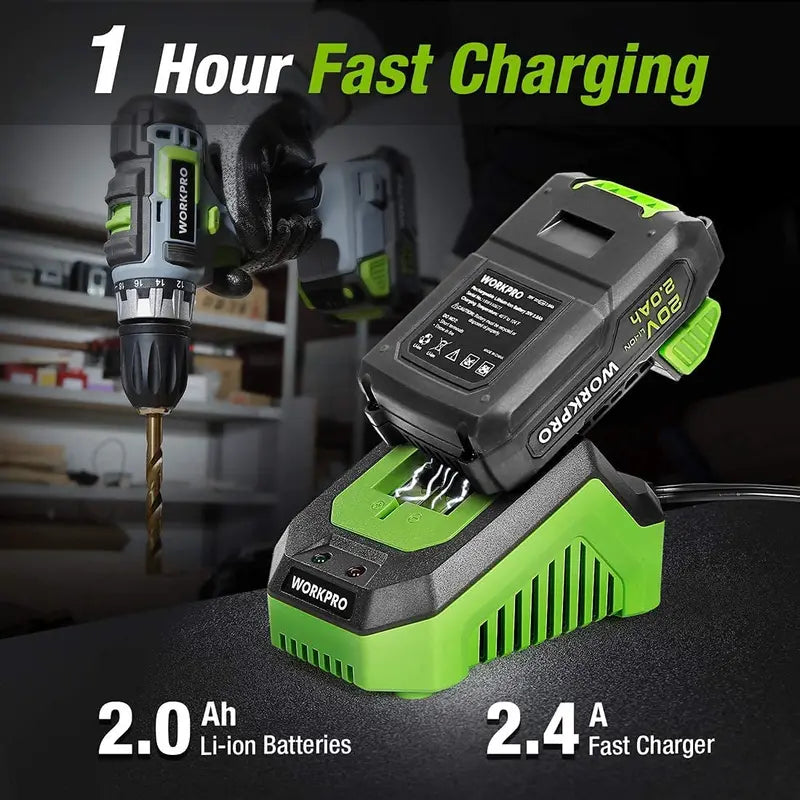 WORKPRO 20V 2-in-1 Combo Kit: Cordless Drill Driver + Impact Driver with Dual 2.0Ah Batteries & Fast Charger