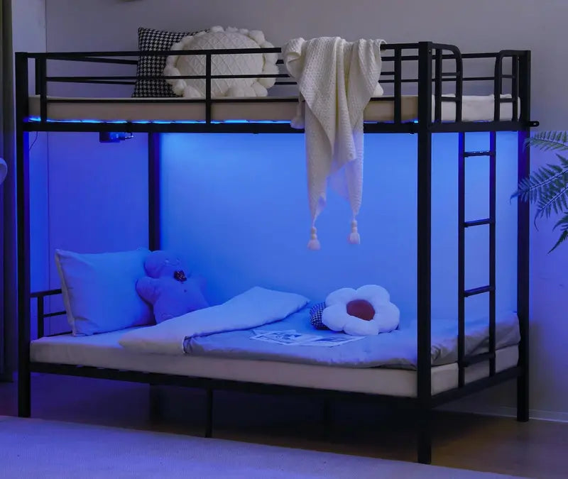 VINGLI Twin-over-Twin LED Bunk Bed â€?Non-Slip Ladder, Full-Length Guardrail, Modern Metal Frame