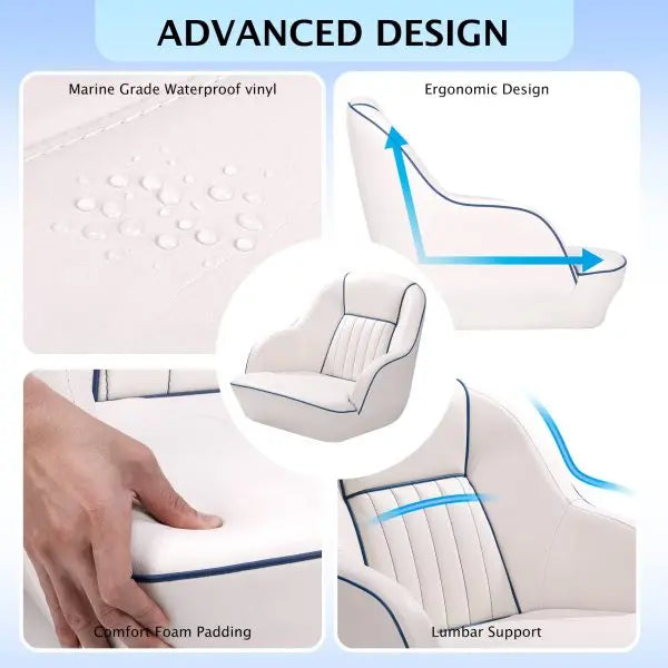 White & Blue Captains Bucket Pontoon Boat Seat â€?Fold-Back Backrest, Marine-Grade Cabin Seating
