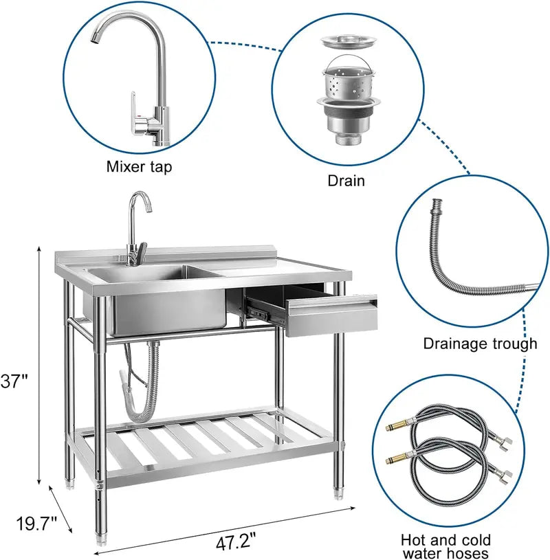 YORKING Stainless Steel Utility Sink â€?Freestanding Single-Bowl Commercial-Grade Kitchen or Workshop Sink