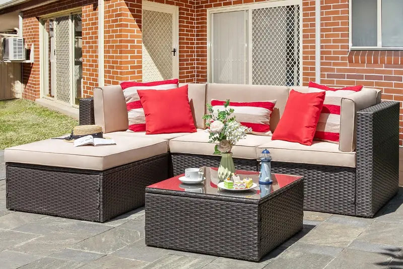 Vongrasig 5-Piece All-Weather PE Rattan Sectional with Ottoman & Glass Coffee Table