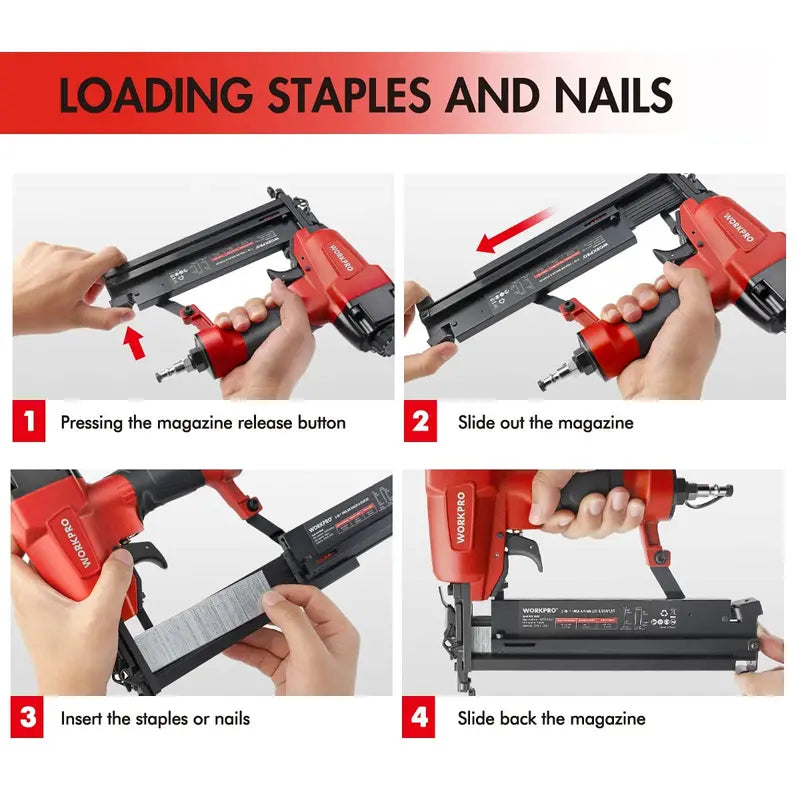 WORKPRO Dual-Function Pneumatic Brad Nailer â€?Includes 400 Brads & 300 Staples
