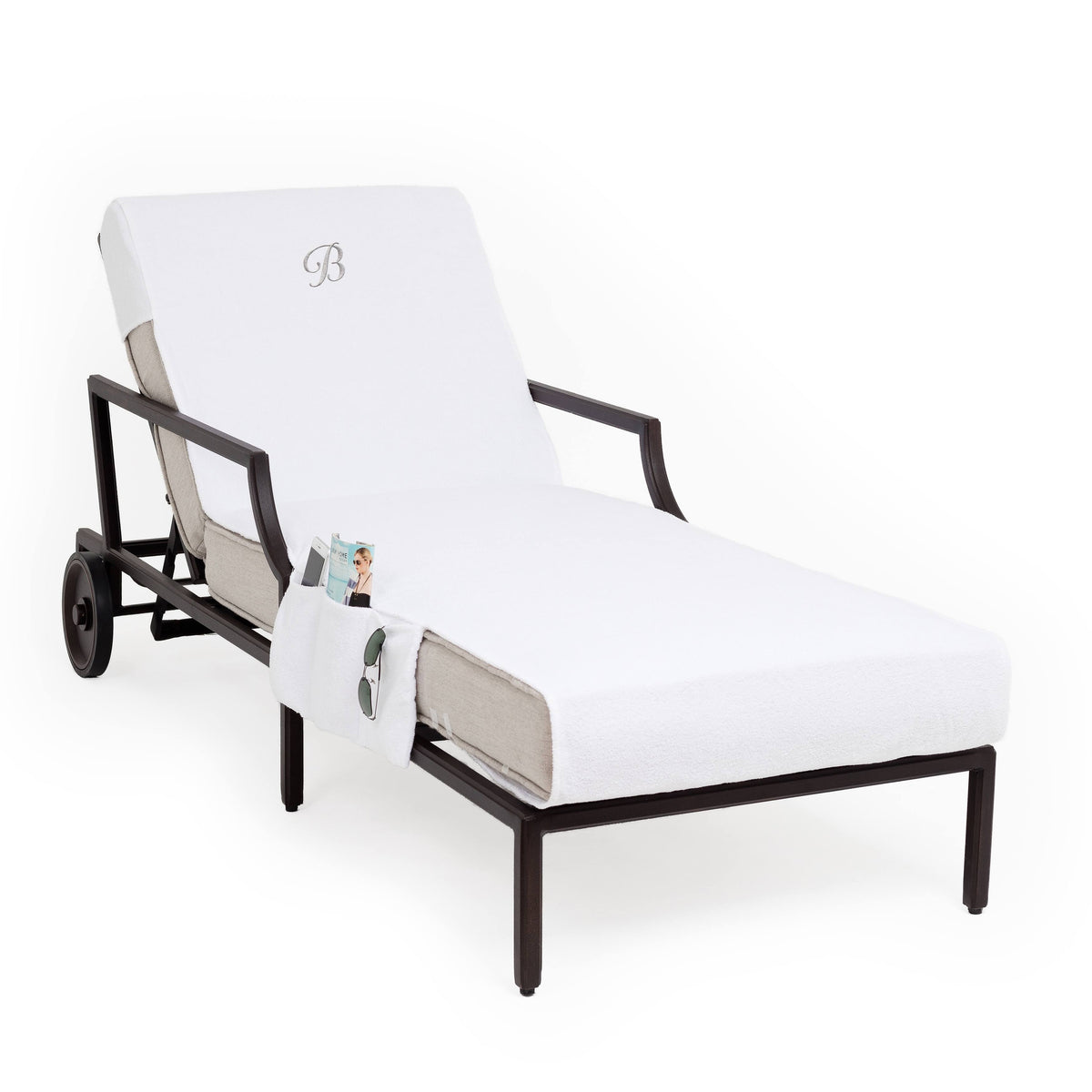 Linum Home Textiles Personalized Standard Size Chaise Lounge Cover with Side Pockets, White