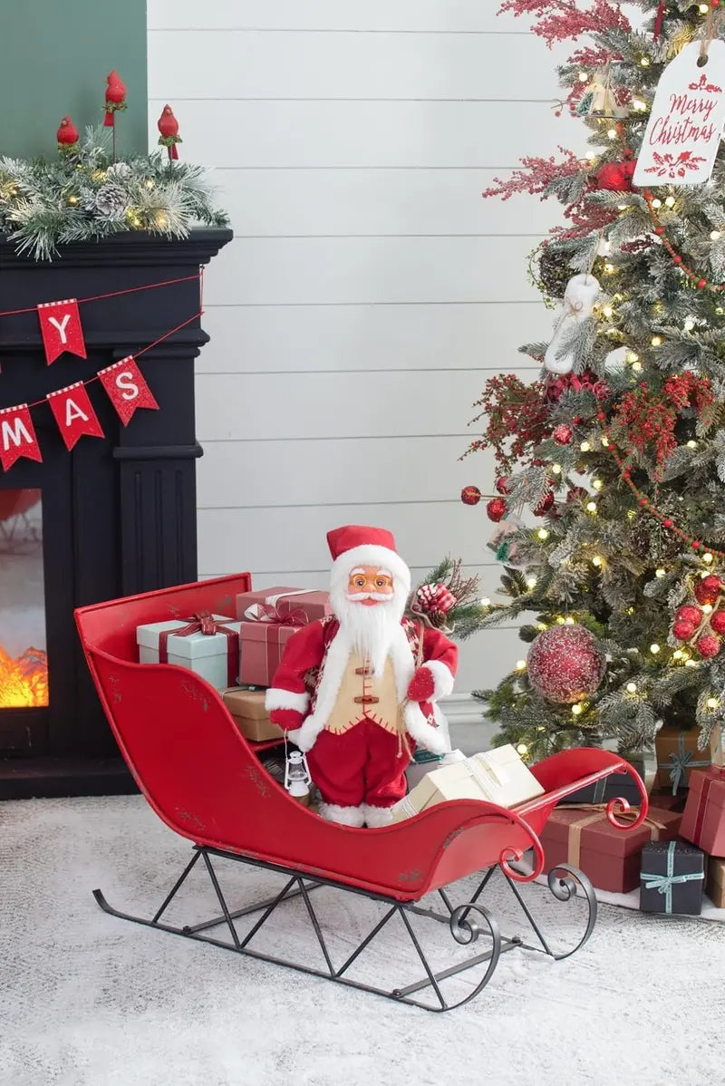 Vintage-Style Outdoor Christmas Sleigh Decor â€?39-Inch Red Metal Santa Sleigh for Garden or Patio