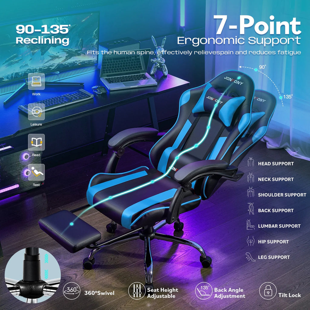 JONPONY Big and Tall Gaming Chair, Ergonomic Design, Gamer Chair PU Leather with Footrest and Lumbar Support, High Back Office Chair Support 8 Hours Long Sitting, Computer Chair, Black Grey