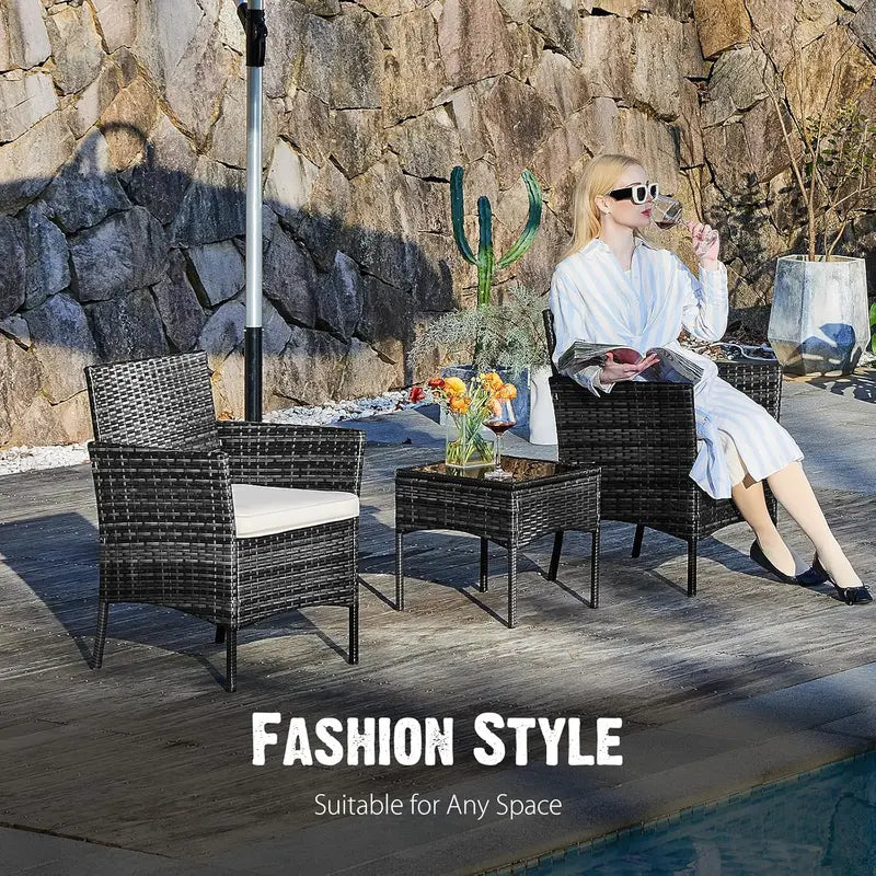 Sweetcripy 3-Piece Outdoor Patio Set â€?Glass-Topped Table with Plush Cushioned Seating