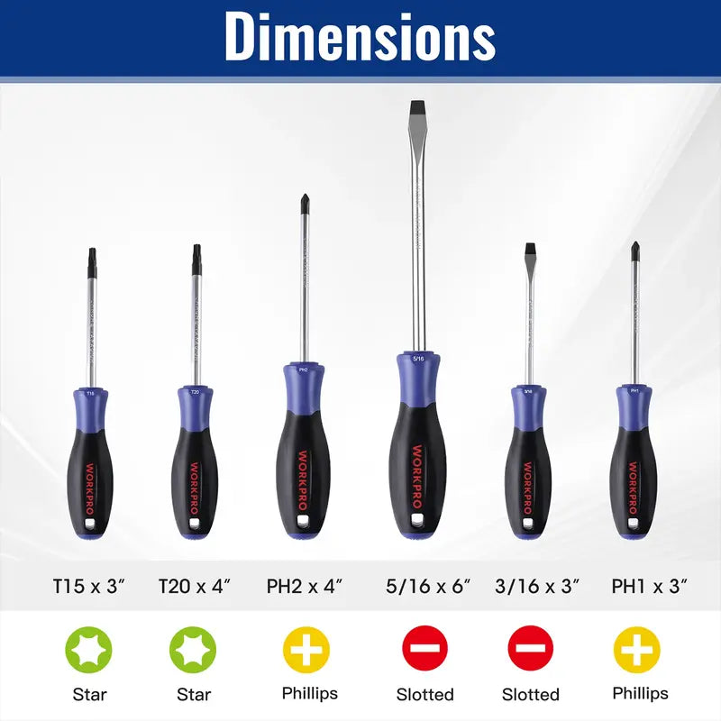 WORKPRO 6-Piece Magnetic Screwdriver Set â€?Chrome Vanadium Shafts, Non-Slip Handles, and Organized Storage