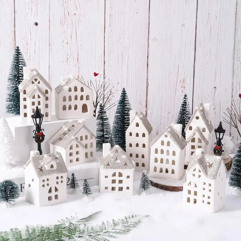Spdmhyo 29-Piece Ceramic Christmas Village Set with LED Lights, Porcelain Houses, Trees & Lamps â€?White