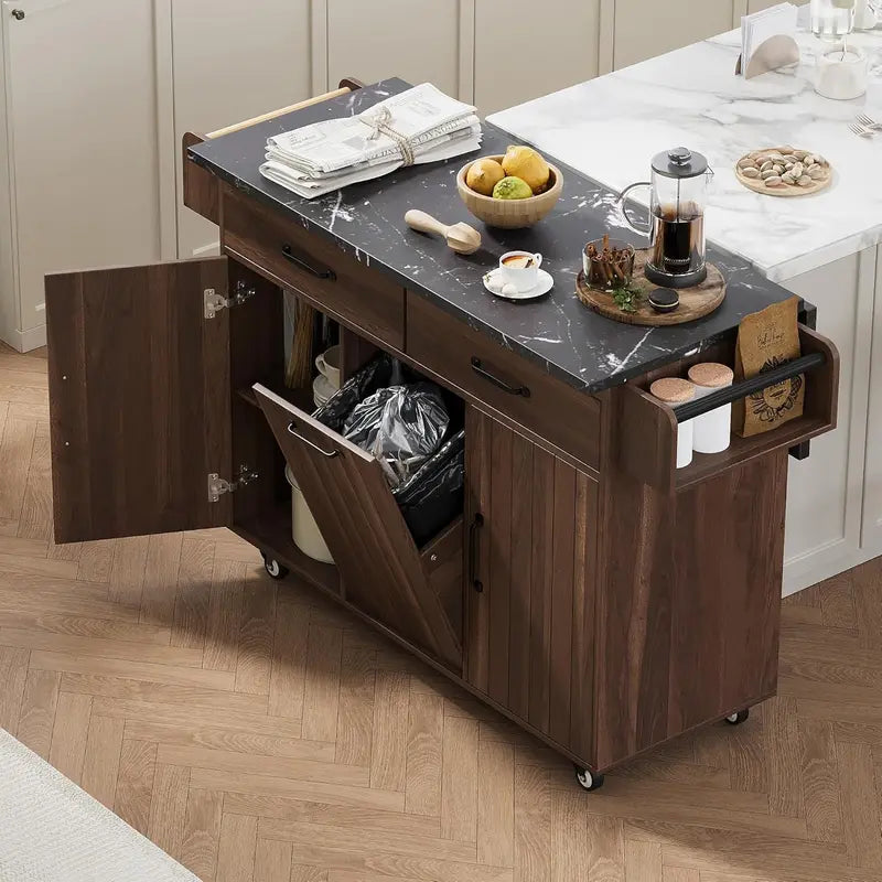 White Rotating Kitchen Island Cart â€?Foldable-Leg Trolley with Trash Bin, Towel Bar, Drawers, and Internal Shelves
