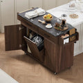 White Rotating Kitchen Island Cart â€?Foldable-Leg Trolley with Trash Bin, Towel Bar, Drawers, and Internal Shelves