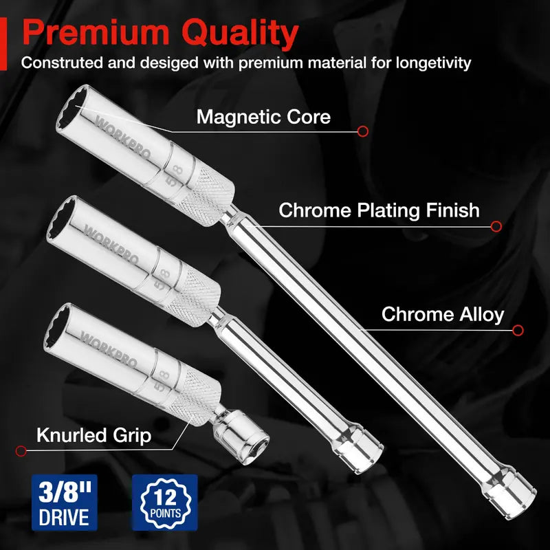 WORKPRO Extended Magnetic Spark Plug Socket Kit â€?6-Pc Thin-Wall Set with 4â€? 6â€? 11â€?Extensions