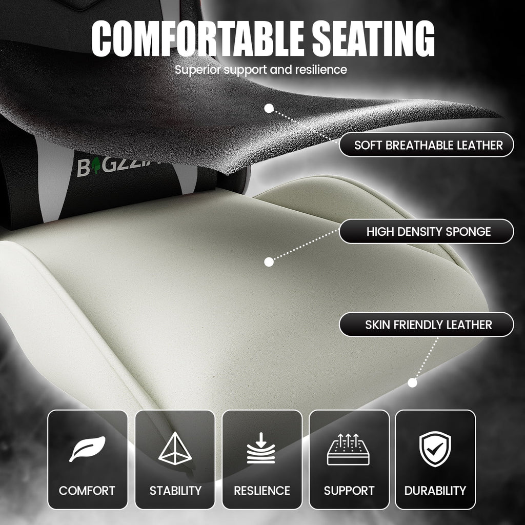 Bigzzia Gaming Chair Office Chair, Ergonomic Game Chair with Height Adjustable Headrest and Lumbar Support for Adults Teens, Black & White