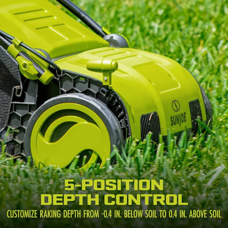 Sun Joe 15â€?13-Amp Electric Dethatcher & Scarifier with AirBoost Tech, 5-Pos Height, 13.2-Gal Bag, Green