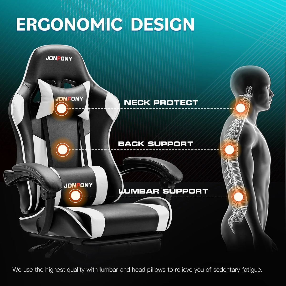 JONPONY Big and Tall Gaming Chair, Ergonomic Design, Gamer Chair PU Leather with Footrest and Lumbar Support, High Back Office Chair Support 8 Hours Long Sitting, Computer Chair, Black Grey