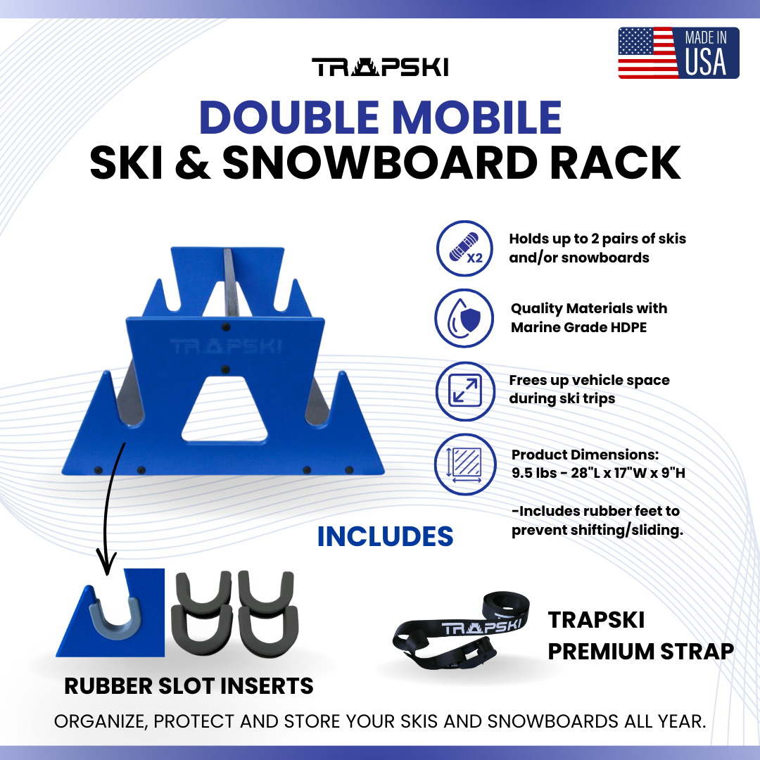 PRE-ORDER Special Edition White/Blue: TRAPSKI All Mountain/Race/XC Ski and Standard Stance Snowboard Rack