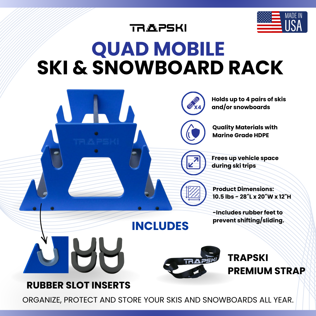 PRE-ORDER Special Edition White/Blue: TRAPSKI All Mountain/Race/XC Ski and Standard Stance Snowboard Rack